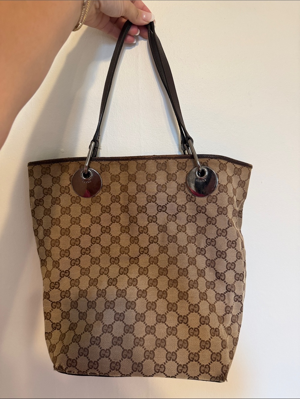 Gucci Beige & Brown GG Canvas Tote with Dark Brown Straps